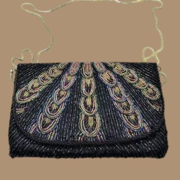 Vintage La Regale Ltd Beaded Peacock Tail Evening Bag Crossbody Gold Chain - Picture 3 of 7